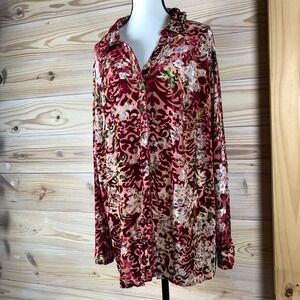 NY Collection Blouse Women 2X Red Burnout‎ Velvet Floral Button Top Jewel Boho